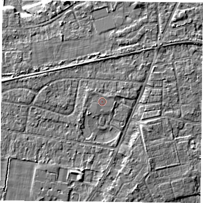 Shaded relief map of the ground around YO89FT, computed from Environment Agency LiDAR. The ground here sits at about 6 m above sea level and falls 5 m across the surrounding 800 m. The ground contributing surface water to this point lies to the north-east.