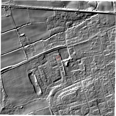 Shaded relief map of the ground around YO89FX, computed from Environment Agency LiDAR. The ground here sits at about 8 m above sea level and falls 10 m across the surrounding 800 m. Surface water reaching this point runs off ground lying to the south, 2.2 m higher.