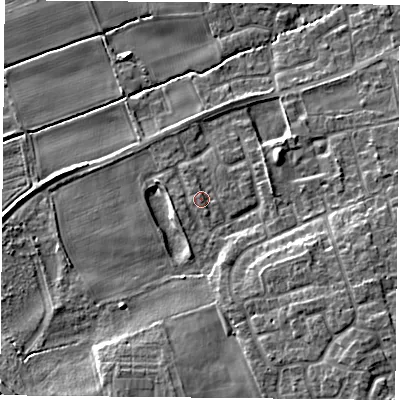 Shaded relief map of the ground around YO89FZ, computed from Environment Agency LiDAR. The ground here sits at about 9 m above sea level and falls 9 m across the surrounding 800 m. Surface water reaching this point runs off ground lying to the south-west, 1.1 m higher.