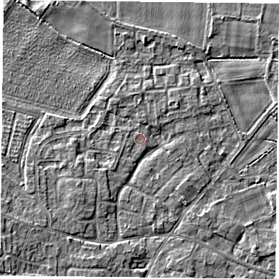 Shaded relief map of the ground around YO89GA, computed from Environment Agency LiDAR. The ground here sits at about 6 m above sea level and falls 5 m across the surrounding 800 m. Surface water reaching this point runs off ground lying to the south-west, 4.2 m higher.