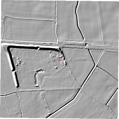 Shaded relief map of the ground around YO89GB, computed from Environment Agency LiDAR. The ground here sits at about 8 m above sea level and falls 9 m across the surrounding 800 m. Surface water reaching this point runs off ground lying to the north, 5.4 m higher.