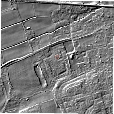 Shaded relief map of the ground around YO89GD, computed from Environment Agency LiDAR. The ground here sits at about 8 m above sea level and falls 10 m across the surrounding 800 m. Surface water reaching this point runs off ground lying to the south, 2.0 m higher.