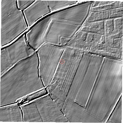 Shaded relief map of the ground around YO89GF, computed from Environment Agency LiDAR. The ground here sits at about 10 m above sea level and falls 7 m across the surrounding 800 m. The ground contributing surface water to this point lies to the south-east.