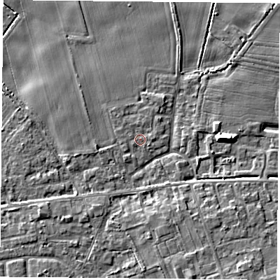 Shaded relief map of the ground around YO89GH, computed from Environment Agency LiDAR. The ground here sits at about 9 m above sea level and falls 9 m across the surrounding 800 m. Surface water reaching this point runs off ground lying to the north-north-east, 0.6 m higher.