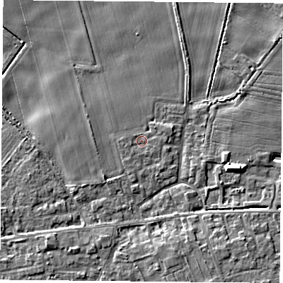 Shaded relief map of the ground around YO89GL, computed from Environment Agency LiDAR. The ground here sits at about 8 m above sea level and falls 9 m across the surrounding 800 m. Surface water reaching this point runs off ground lying to the west-south-west, 0.7 m higher.