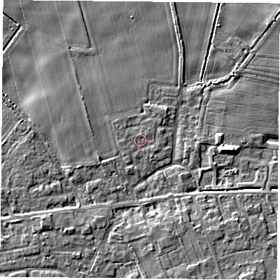 Shaded relief map of the ground around YO89GN, computed from Environment Agency LiDAR. The ground here sits at about 8 m above sea level and falls 9 m across the surrounding 800 m. Surface water reaching this point runs off ground lying to the west, 0.6 m higher.