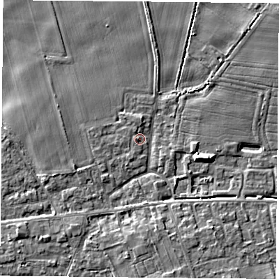 Shaded relief map of the ground around YO89GP, computed from Environment Agency LiDAR. The ground here sits at about 8 m above sea level and falls 9 m across the surrounding 800 m. Surface water reaching this point runs off ground lying to the west, 1.0 m higher.