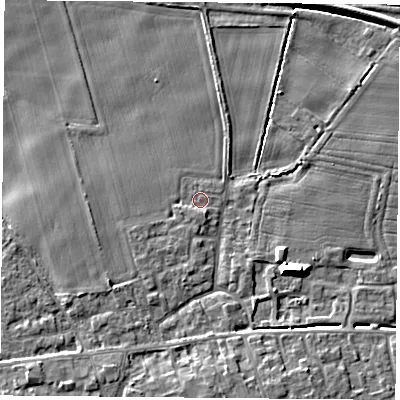 Shaded relief map of the ground around YO89GT, computed from Environment Agency LiDAR. The ground here sits at about 8 m above sea level and falls 10 m across the surrounding 800 m. Surface water reaching this point runs off ground lying to the west-south-west, 1.1 m higher.