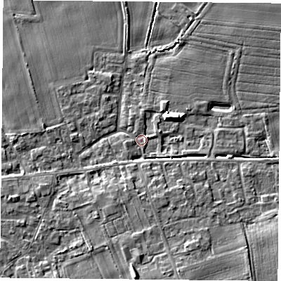 Shaded relief map of the ground around YO89GZ, computed from Environment Agency LiDAR. The ground here sits at about 9 m above sea level and falls 9 m across the surrounding 800 m. Surface water reaching this point runs off ground lying to the south-east, 3.7 m higher.