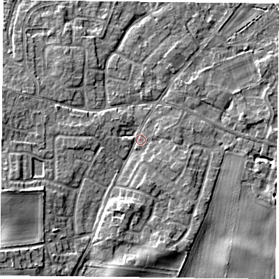 Shaded relief map of the ground around YO89HB, computed from Environment Agency LiDAR. The ground here sits at about 7 m above sea level and falls 7 m across the surrounding 800 m. Surface water reaching this point runs off ground lying to the west-south-west, 4.6 m higher.