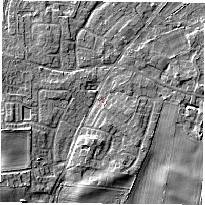 Shaded relief map of the ground around YO89HD, computed from Environment Agency LiDAR. The ground here sits at about 7 m above sea level and falls 7 m across the surrounding 800 m. Surface water reaching this point runs off ground lying to the east-south-east, 1.4 m higher.