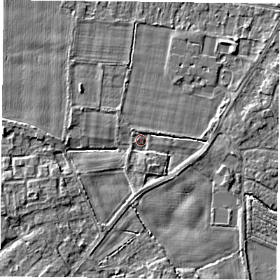 Shaded relief map of the ground around YO89HE, computed from Environment Agency LiDAR. The ground here sits at about 6 m above sea level and falls 5 m across the surrounding 800 m. Surface water reaching this point runs off ground lying to the south-south-east, 2.1 m higher.