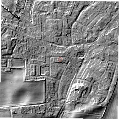 Shaded relief map of the ground around YO89HF, computed from Environment Agency LiDAR. The ground here sits at about 8 m above sea level and falls 6 m across the surrounding 800 m. The ground contributing surface water to this point lies to the north-north-east.