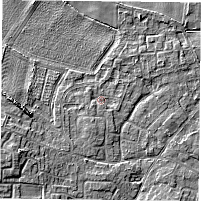 Shaded relief map of the ground around YO89HG, computed from Environment Agency LiDAR. The ground here sits at about 7 m above sea level and falls 8 m across the surrounding 800 m. Surface water reaching this point runs off ground lying to the south-south-west, 2.2 m higher.