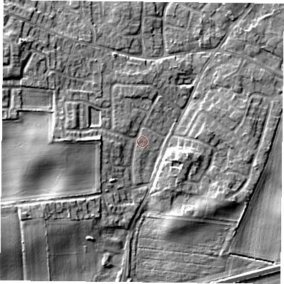 Shaded relief map of the ground around YO89HH, computed from Environment Agency LiDAR. The ground here sits at about 7 m above sea level and falls 7 m across the surrounding 800 m. Surface water reaching this point runs off ground lying to the west, 2.9 m higher.