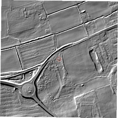 Shaded relief map of the ground around YO89HJ, computed from Environment Agency LiDAR. The ground here sits at about 9 m above sea level and falls 8 m across the surrounding 800 m. Surface water reaching this point runs off ground lying to the south-east, 4.4 m higher.