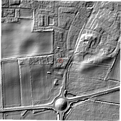 Shaded relief map of the ground around YO89HL, computed from Environment Agency LiDAR. The ground here sits at about 8 m above sea level and falls 6 m across the surrounding 800 m. Surface water reaching this point runs off ground lying to the west-south-west, 2.4 m higher.
