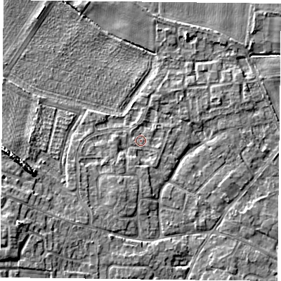 Shaded relief map of the ground around YO89HQ, computed from Environment Agency LiDAR. The ground here sits at about 7 m above sea level and falls 8 m across the surrounding 800 m. Surface water reaching this point runs off ground lying to the south-south-west, 2.2 m higher.