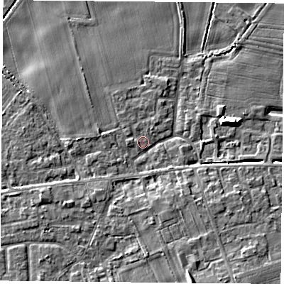Shaded relief map of the ground around YO89HS, computed from Environment Agency LiDAR. The ground here sits at about 8 m above sea level and falls 9 m across the surrounding 800 m. Surface water reaching this point runs off ground lying to the south-south-east, 5.4 m higher.