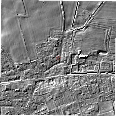 Shaded relief map of the ground around YO89HT, computed from Environment Agency LiDAR. The ground here sits at about 9 m above sea level and falls 9 m across the surrounding 800 m. Surface water reaching this point runs off ground lying to the south-east, 3.7 m higher.
