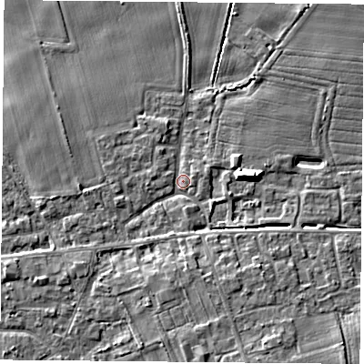 Shaded relief map of the ground around YO89HU, computed from Environment Agency LiDAR. The ground here sits at about 8 m above sea level and falls 9 m across the surrounding 800 m. Surface water reaching this point runs off ground lying to the south-east, 3.7 m higher.