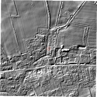 Shaded relief map of the ground around YO89HX, computed from Environment Agency LiDAR. The ground here sits at about 8 m above sea level and falls 9 m across the surrounding 800 m. Surface water reaching this point runs off ground lying to the south-east, 3.7 m higher.