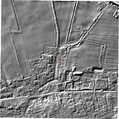 Shaded relief map of the ground around YO89HY, computed from Environment Agency LiDAR. The ground here sits at about 8 m above sea level and falls 9 m across the surrounding 800 m. Surface water reaching this point runs off ground lying to the south-south-east, 3.7 m higher.