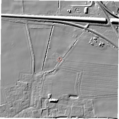 Shaded relief map of the ground around YO89HZ, computed from Environment Agency LiDAR. The ground here sits at about 8 m above sea level and falls 12 m across the surrounding 800 m. Surface water reaching this point runs off ground lying to the east-south-east, 1.0 m higher.