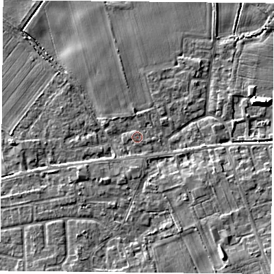 Shaded relief map of the ground around YO89JB, computed from Environment Agency LiDAR. The ground here sits at about 9 m above sea level and falls 9 m across the surrounding 800 m. Surface water reaching this point runs off ground lying to the north, 1.0 m higher.