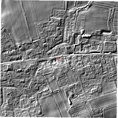 Shaded relief map of the ground around YO89JD, computed from Environment Agency LiDAR. The ground here sits at about 9 m above sea level and falls 9 m across the surrounding 800 m. Surface water reaching this point runs off ground lying to the south, 2.6 m higher.