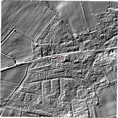 Shaded relief map of the ground around YO89JH, computed from Environment Agency LiDAR. The ground here sits at about 9 m above sea level and falls 7 m across the surrounding 800 m. Surface water reaching this point runs off ground lying to the east, 1.3 m higher.