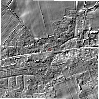 Shaded relief map of the ground around YO89JL, computed from Environment Agency LiDAR. The ground here sits at about 8 m above sea level and falls 9 m across the surrounding 800 m. Surface water reaching this point runs off ground lying to the south-south-west, 1.5 m higher.