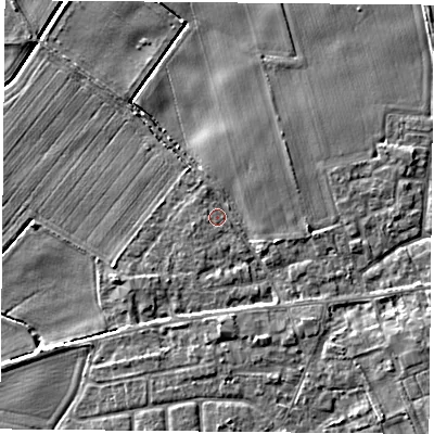 Shaded relief map of the ground around YO89JN, computed from Environment Agency LiDAR. The ground here sits at about 8 m above sea level and falls 6 m across the surrounding 800 m. Surface water reaching this point runs off ground lying to the south, 2.7 m higher.