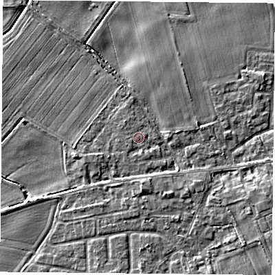 Shaded relief map of the ground around YO89JR, computed from Environment Agency LiDAR. The ground here sits at about 9 m above sea level and falls 5 m across the surrounding 800 m. Surface water reaching this point runs off ground lying to the south, 1.0 m higher.