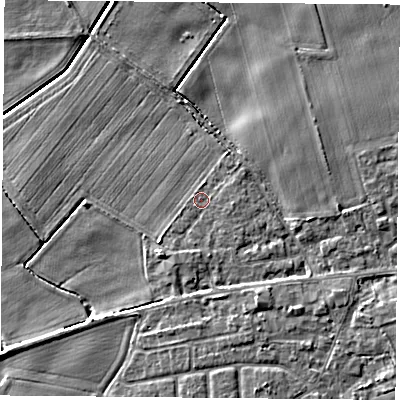 Shaded relief map of the ground around YO89JS, computed from Environment Agency LiDAR. The ground here sits at about 8 m above sea level and falls 5 m across the surrounding 800 m. Surface water reaching this point runs off ground lying to the south-west, 1.6 m higher.