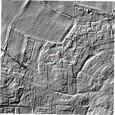 Shaded relief map of the ground around YO89JU, computed from Environment Agency LiDAR. The ground here sits at about 7 m above sea level and falls 7 m across the surrounding 800 m. Surface water reaching this point runs off ground lying to the south, 2.2 m higher.
