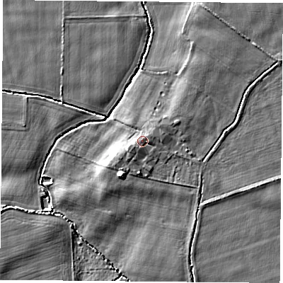 Shaded relief map of the ground around YO89JW, computed from Environment Agency LiDAR. The ground here sits at about 9 m above sea level and falls 5 m across the surrounding 800 m. Surface water reaching this point runs off ground lying to the north-east, 0.8 m higher.