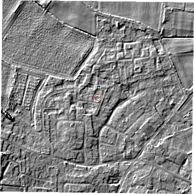 Shaded relief map of the ground around YO89JX, computed from Environment Agency LiDAR. The ground here sits at about 6 m above sea level and falls 8 m across the surrounding 800 m. Surface water reaching this point runs off ground lying to the south, 1.0 m higher.
