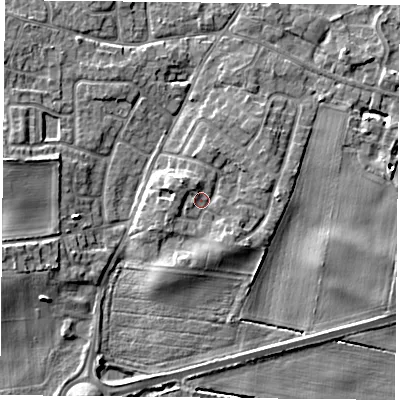 Shaded relief map of the ground around YO89JY, computed from Environment Agency LiDAR. The ground here sits at about 8 m above sea level and falls 7 m across the surrounding 800 m. Surface water reaching this point runs off ground lying to the north-west, 2.1 m higher.
