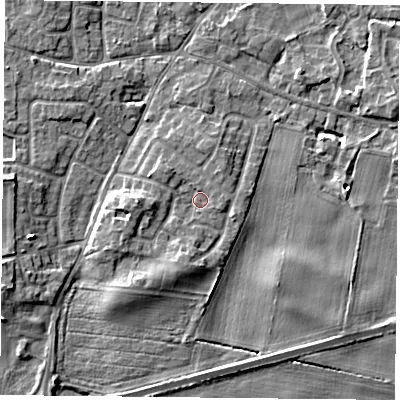 Shaded relief map of the ground around YO89JZ, computed from Environment Agency LiDAR. The ground here sits at about 7 m above sea level and falls 5 m across the surrounding 800 m. Surface water reaching this point runs off ground lying to the west, 2.1 m higher.