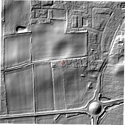 Shaded relief map of the ground around YO89LB, computed from Environment Agency LiDAR. The ground here sits at about 11 m above sea level and falls 7 m across the surrounding 800 m. Surface water reaching this point runs off ground lying to the west-north-west, 0.9 m higher.
