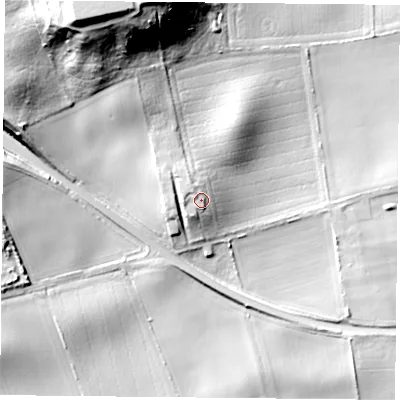 Shaded relief map of the ground around YO89LD, computed from Environment Agency LiDAR. The ground here sits at about 21 m above sea level and falls 46 m across the surrounding 800 m. Surface water reaching this point runs off ground lying to the north-west, 2.2 m higher.