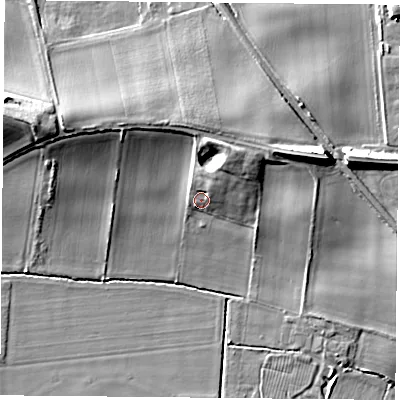 Shaded relief map of the ground around YO89LE, computed from Environment Agency LiDAR. The ground here sits at about 11 m above sea level and falls 14 m across the surrounding 800 m. Surface water reaching this point runs off ground lying to the north-north-east, 6.4 m higher.