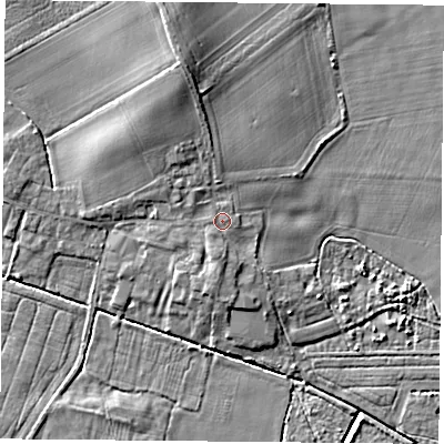 Shaded relief map of the ground around YO89LF, computed from Environment Agency LiDAR. The ground here sits at about 9 m above sea level and falls 8 m across the surrounding 800 m. Surface water reaching this point runs off ground lying to the north-north-west, 3.9 m higher.