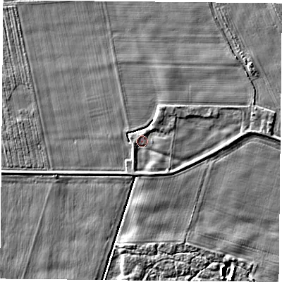 Shaded relief map of the ground around YO89LH, computed from Environment Agency LiDAR. The ground here sits at about 8 m above sea level and falls 3 m across the surrounding 800 m. Surface water reaching this point runs off ground lying to the south-west, 0.8 m higher.