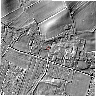 Shaded relief map of the ground around YO89LP, computed from Environment Agency LiDAR. The ground here sits at about 8 m above sea level and falls 8 m across the surrounding 800 m. Surface water reaching this point runs off ground lying to the north-east, 2.8 m higher.