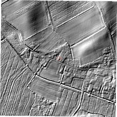 Shaded relief map of the ground around YO89LQ, computed from Environment Agency LiDAR. The ground here sits at about 9 m above sea level and falls 8 m across the surrounding 800 m. Surface water reaching this point runs off ground lying to the north-north-west, 1.3 m higher.