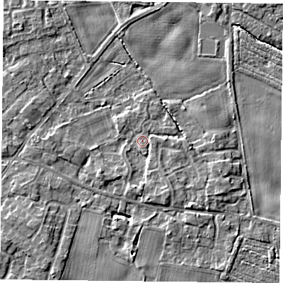 Shaded relief map of the ground around YO89LR, computed from Environment Agency LiDAR. The ground here sits at about 6 m above sea level and falls 5 m across the surrounding 800 m. Surface water reaching this point runs off ground lying to the south-south-east, 2.1 m higher.