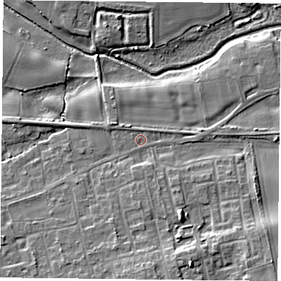 Shaded relief map of the ground around YO89LS, computed from Environment Agency LiDAR. The ground here sits at about 6 m above sea level and falls 12 m across the surrounding 800 m. Surface water reaching this point runs off ground lying to the north-west, 1.1 m higher.