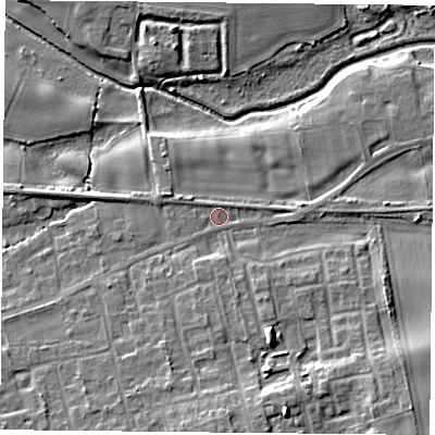 Shaded relief map of the ground around YO89LT, computed from Environment Agency LiDAR. The ground here sits at about 6 m above sea level and falls 12 m across the surrounding 800 m. Surface water reaching this point runs off ground lying to the west-north-west, 1.1 m higher.